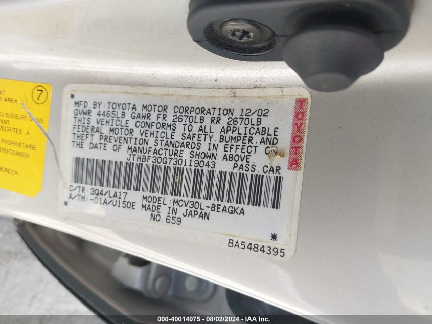 2003 Lexus Es 300 VIN: JTHBF30G730119043 Lot: 40014075