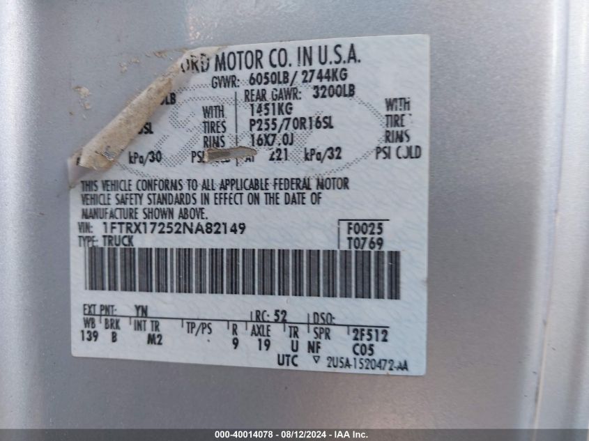 2002 Ford F-150 Xl/Xlt VIN: 1FTRX17252NA82149 Lot: 40014078