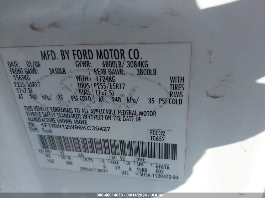 2006 Ford F-150 Xlt VIN: 1FTRW12W96KC39427 Lot: 40014079