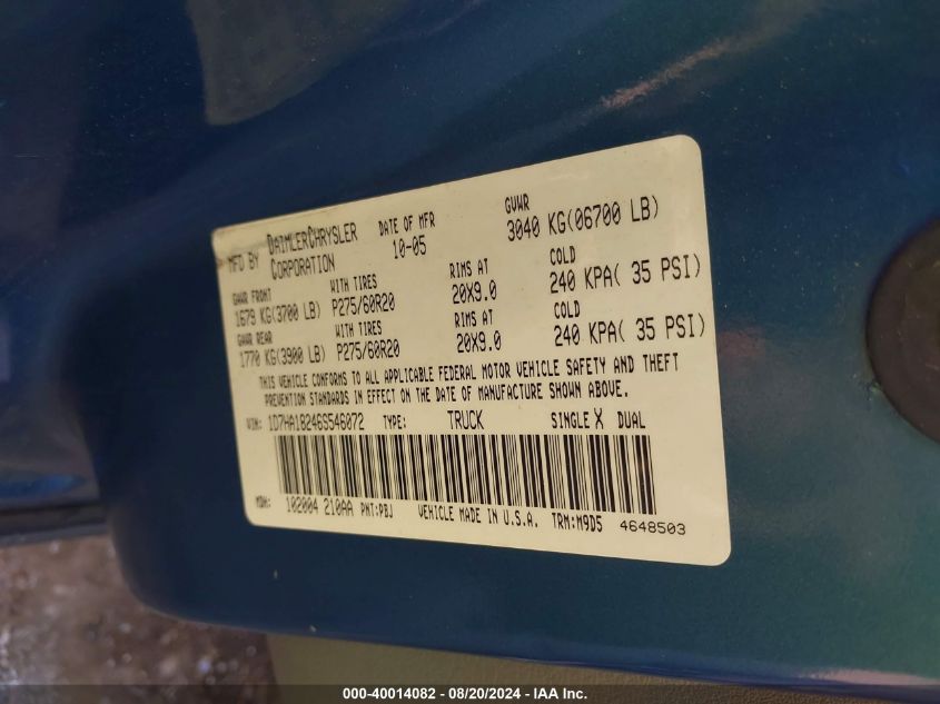 2006 Dodge Ram 1500 Slt VIN: 1D7HA18246S546072 Lot: 40014082