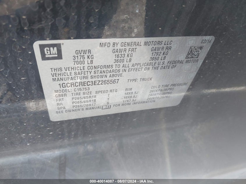 2014 CHEVROLET SILVERADO 1500 VIN: 1GCRCREC3EZ265567