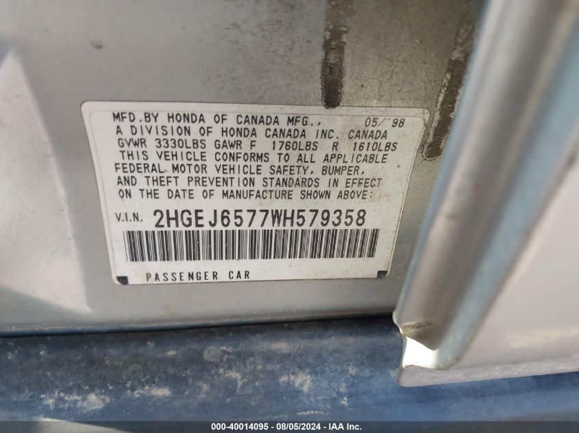 1998 Honda Civic Lx VIN: 2HGEJ6577WH579358 Lot: 40014095