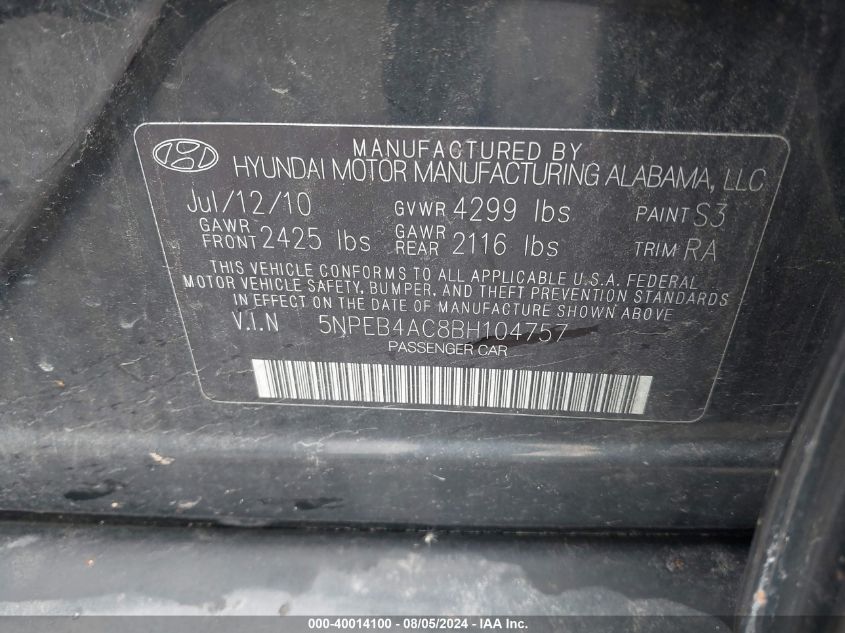 5NPEB4AC8BH104757 2011 Hyundai Sonata Gls