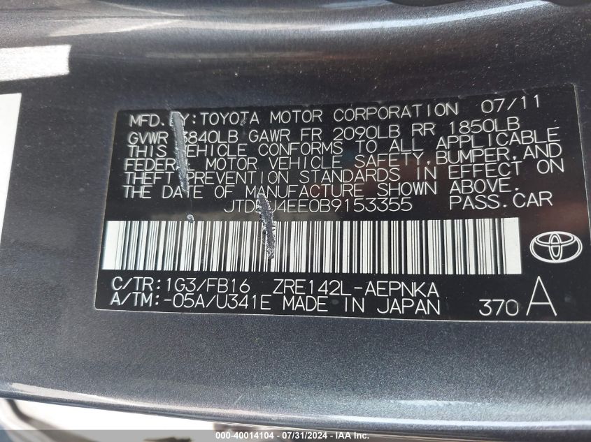 2011 Toyota Corolla Le VIN: JTDBU4EE0B9153355 Lot: 40014104