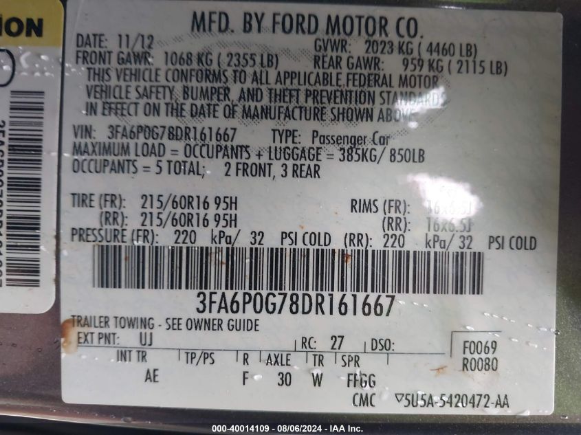 3FA6P0G78DR161667 2013 Ford Fusion S