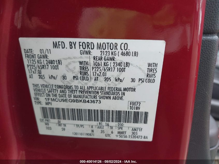 2011 Ford Escape Limited VIN: 1FMCU9EG9BKB43673 Lot: 40014126