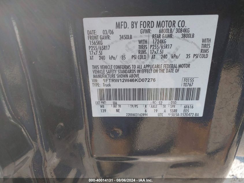 2006 Ford F-150 Xlt VIN: 1FTRW12W46KD07276 Lot: 40014131