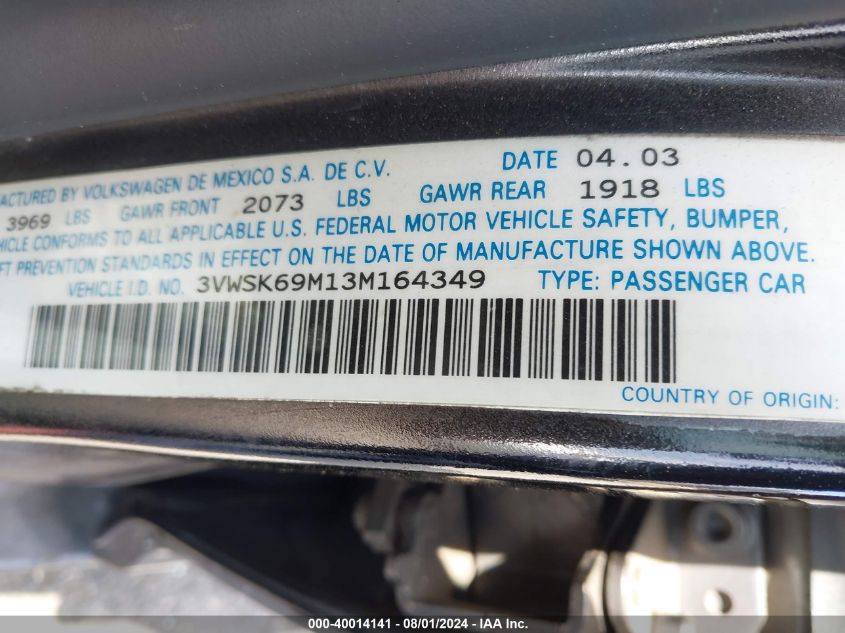 2003 Volkswagen Jetta Gls 2.0L VIN: 3VWSK69M13M164349 Lot: 40014141