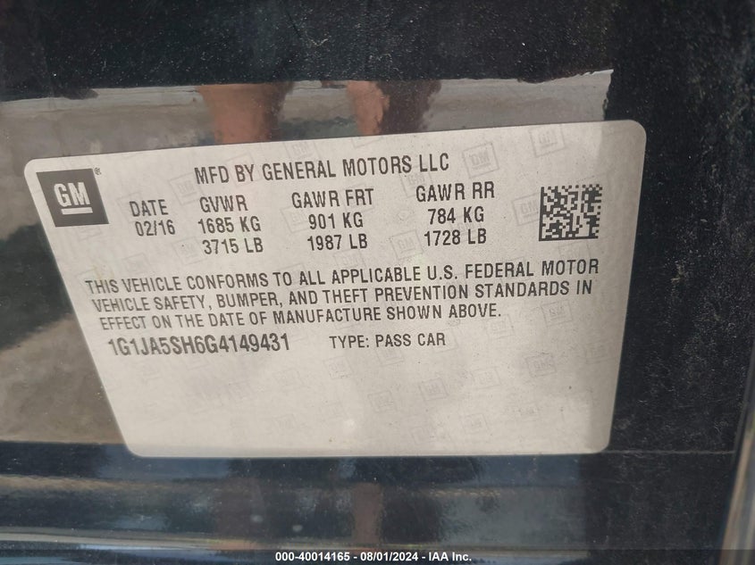 2016 Chevrolet Sonic Ls Auto VIN: 1G1JA5SH6G4149431 Lot: 40014165