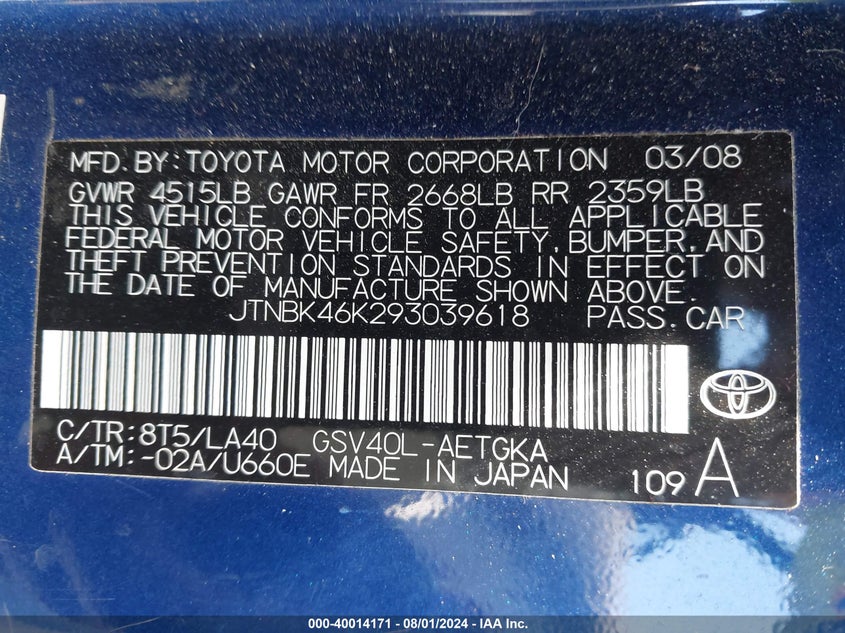 2009 Toyota Camry Xle V6 VIN: JTNBK46K293039618 Lot: 40014171