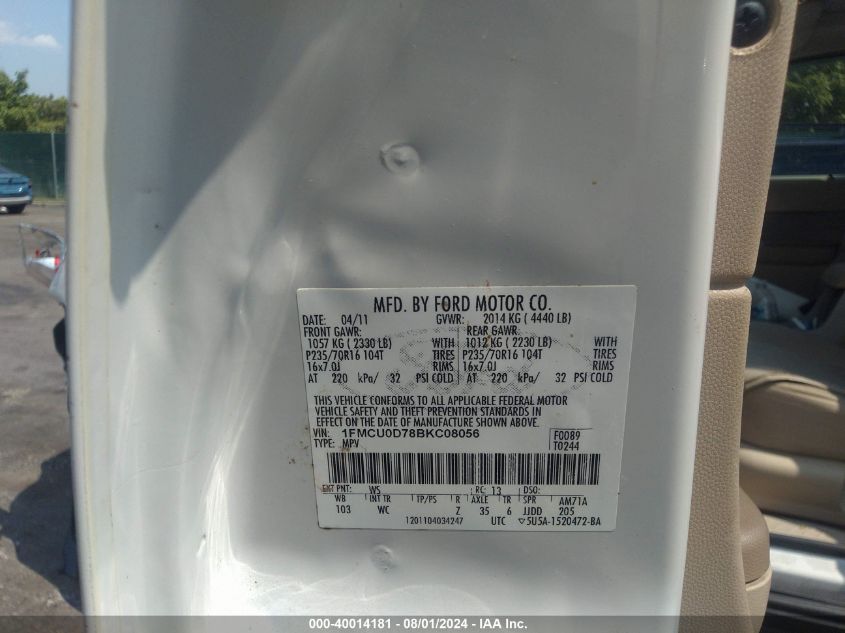 2011 Ford Escape Xlt VIN: 1FMCU0D78BKC08056 Lot: 40014181