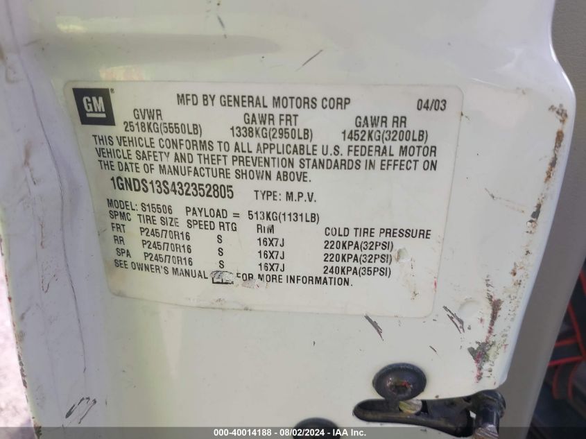 2003 Chevrolet Trailblazer Ls VIN: 1GNDS13S432352805 Lot: 40014188