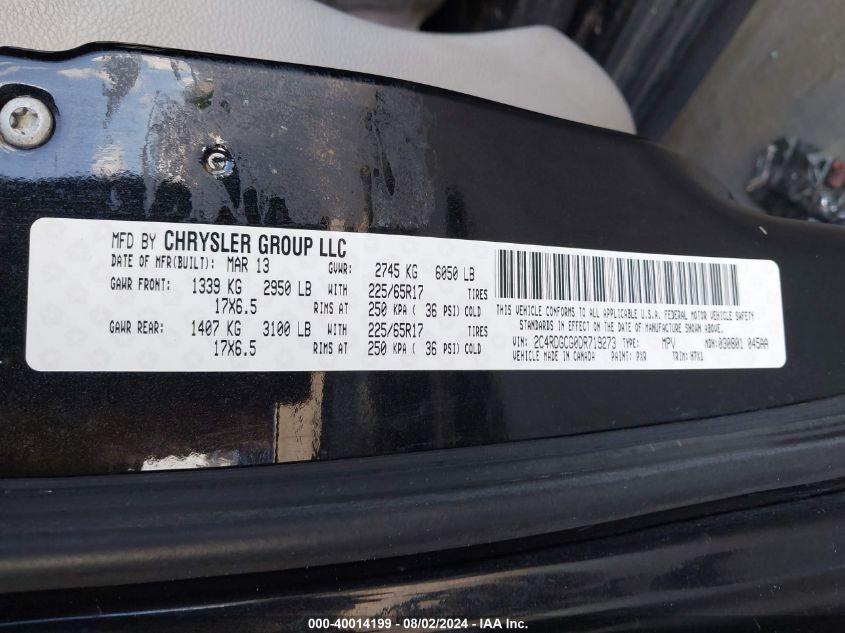 2013 Dodge Grand Caravan Sxt VIN: 2C4RDGCG0DR719273 Lot: 40014199