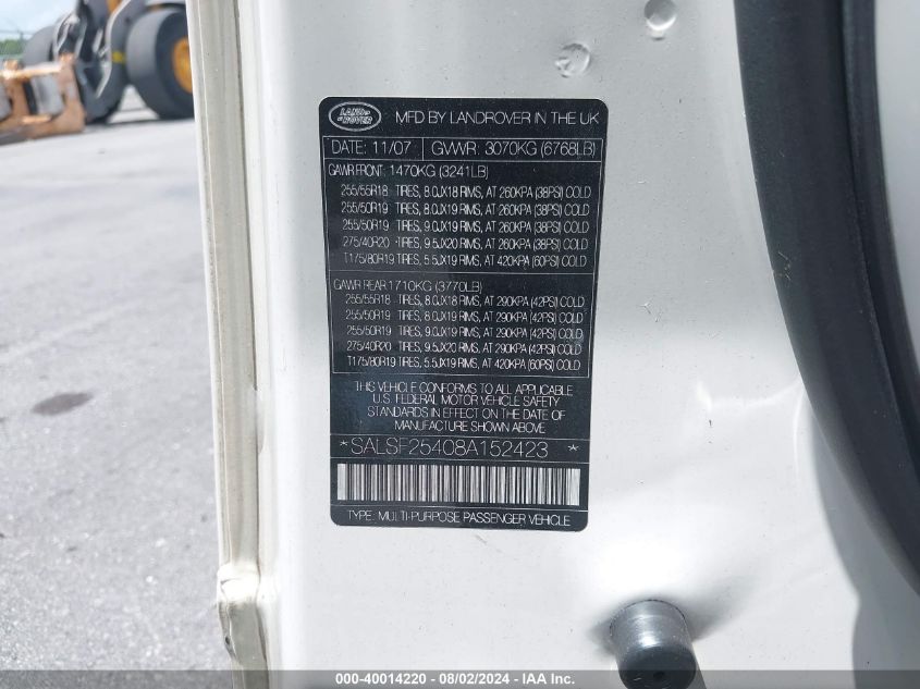 2008 Land Rover Range Rover Sport Hse VIN: SALSF25408A152423 Lot: 40014220