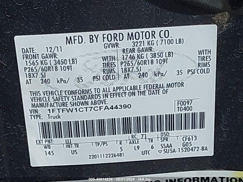 2012 FORD F-150 VIN: KNAFT5A20C5613223