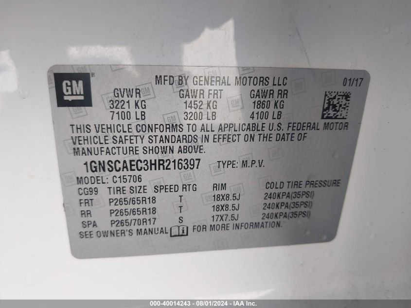 2017 Chevrolet Tahoe C1500 Ls VIN: 1GNSCAEC3HR216397 Lot: 40014243