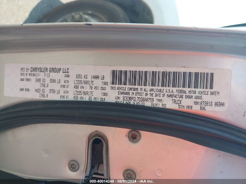 2013 Ram 3500 Tradesman VIN: 3C63RPGL7DG600759 Lot: 40014248