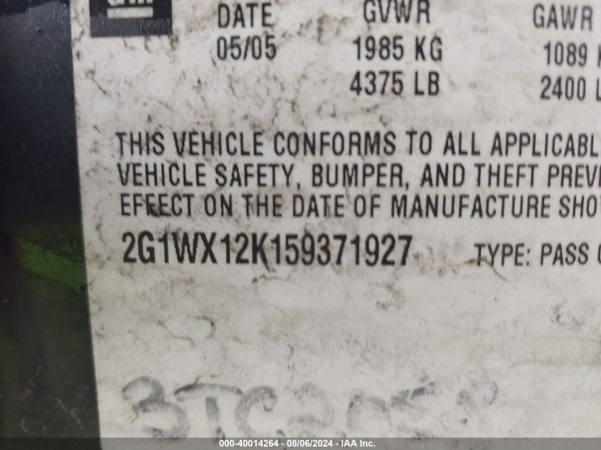 2005 Chevrolet Monte Carlo Lt VIN: 2G1WX12K159371927 Lot: 40014264