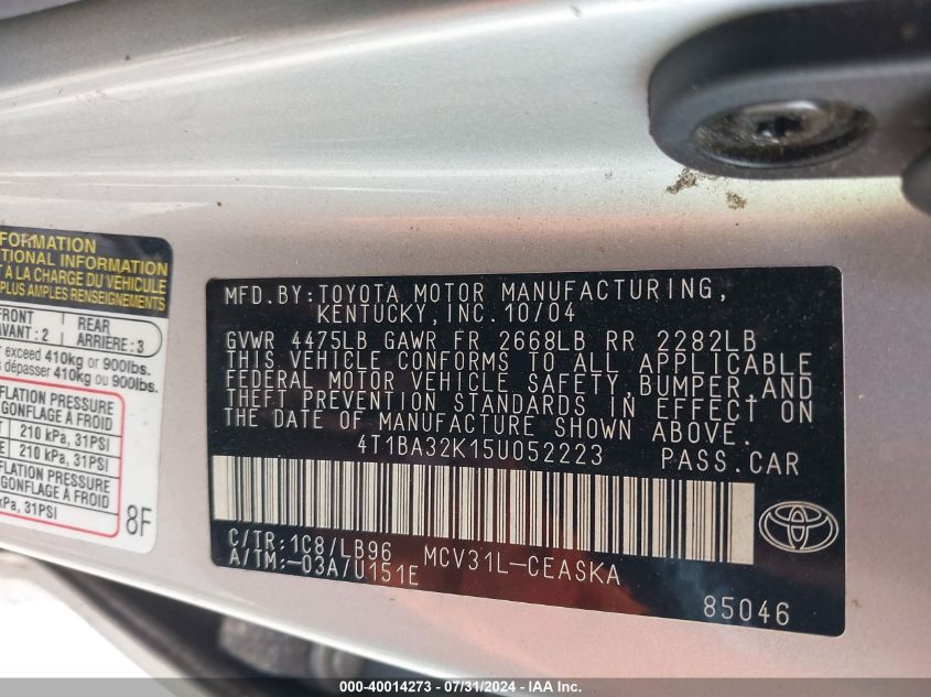 2005 Toyota Camry Se V6 VIN: 4T1BA32K15U052223 Lot: 40014273