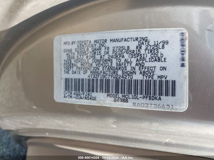 2000 Toyota Sienna Ce VIN: 4T3ZF19C7YU224270 Lot: 40014304