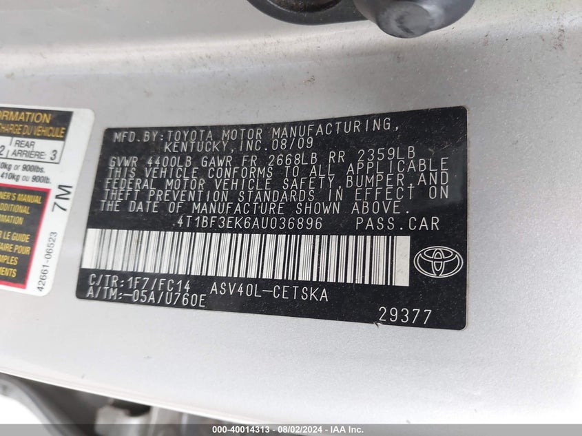 2010 Toyota Camry Se/Le/Xle VIN: 4T1BF3EK6AU036896 Lot: 40014313
