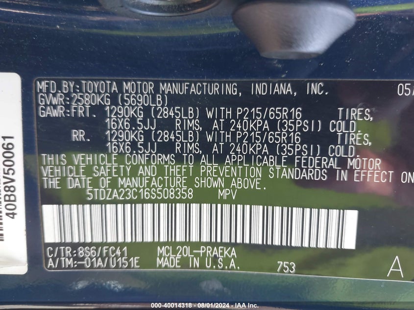 2006 Toyota Sienna Ce/Le VIN: 5TDZA23C16S508358 Lot: 40014318