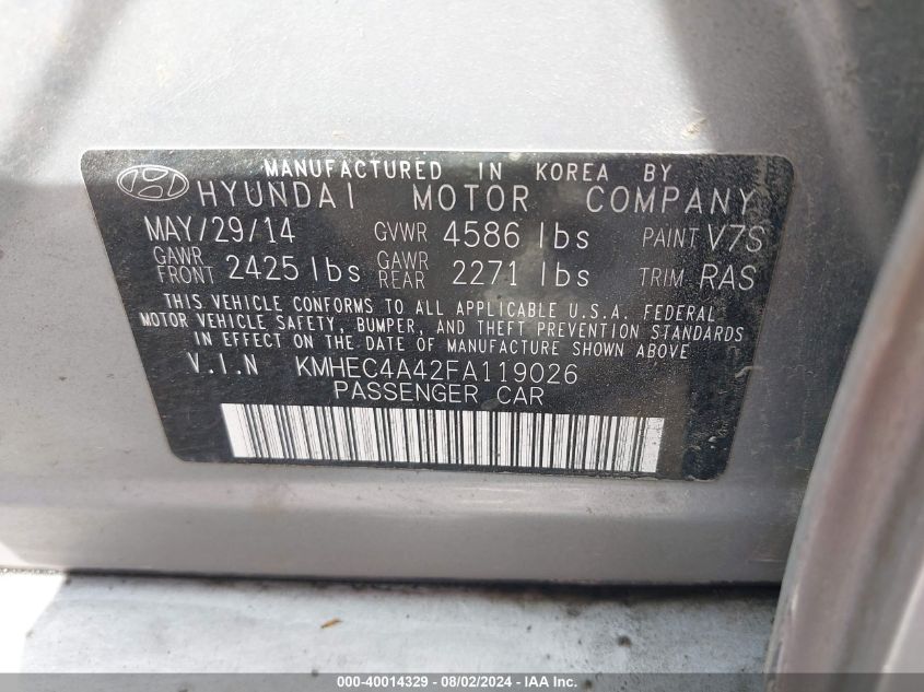 2015 Hyundai Sonata Hybrid Limited VIN: KMHEC4A42FA119026 Lot: 40014329