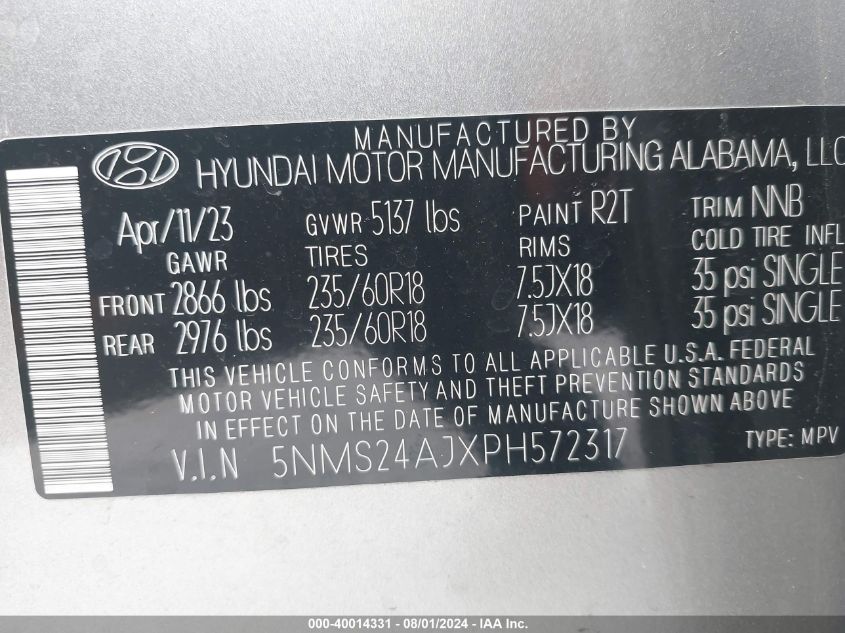 2023 Hyundai Santa Fe Sel VIN: 5NMS24AJXPH572317 Lot: 40014331