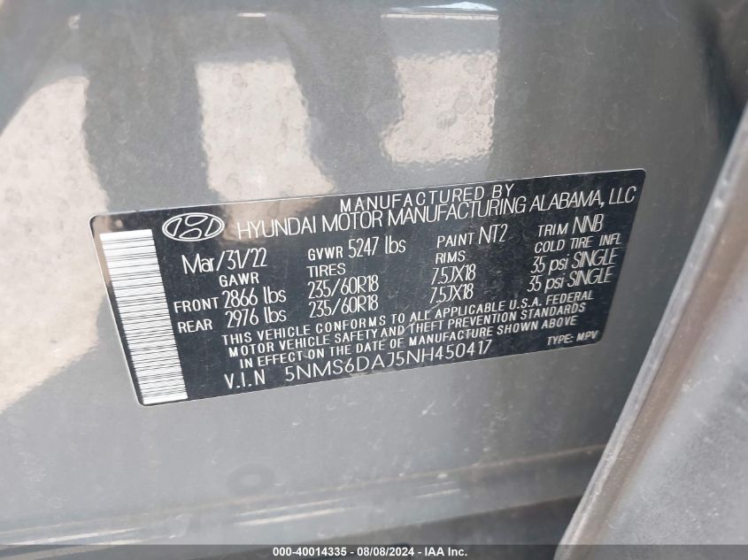 2022 Hyundai Santa Fe Xrt VIN: 5NMS6DAJ5NH450417 Lot: 40014335