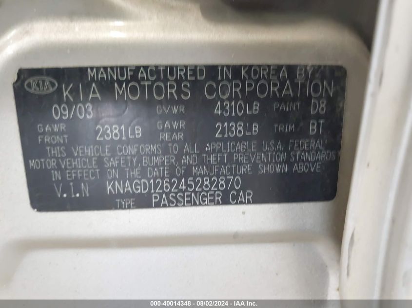 2004 Kia Optima Ex/Lx VIN: KNAGD126245282870 Lot: 40014348