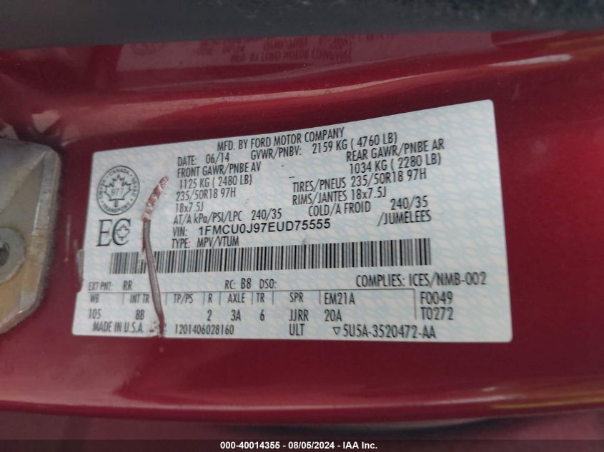 2014 Ford Escape Titanium VIN: 1FMCU0J97EUD75555 Lot: 40014355