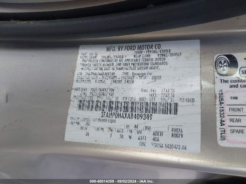 2010 Ford Fusion Se VIN: 3FAHP0HAXAR409349 Lot: 40014359