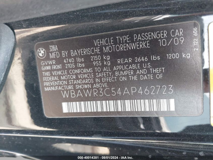 2010 BMW 328I VIN: WBAWR3C54AP462723 Lot: 40014381