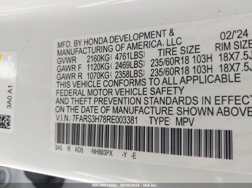 2024 Honda Cr-V Ex-L 2Wd VIN: 7FARS3H78RE003381 Lot: 40014382