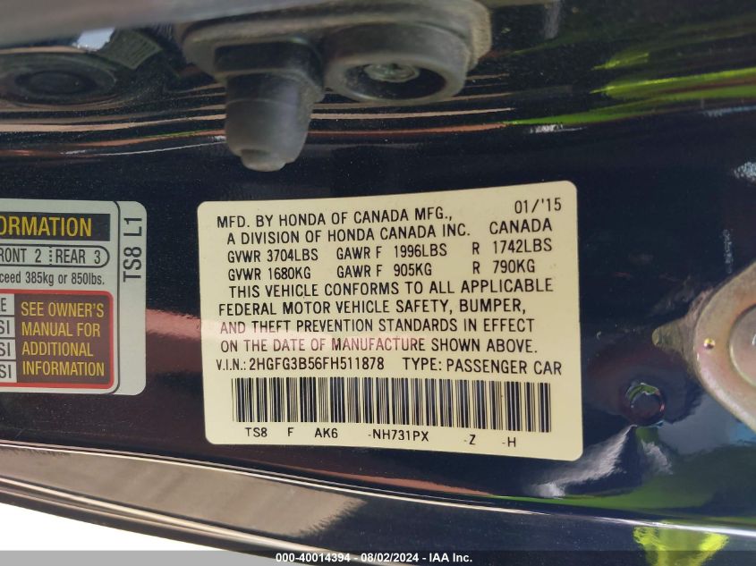 2HGFG3B56FH511878 2015 Honda Civic Lx