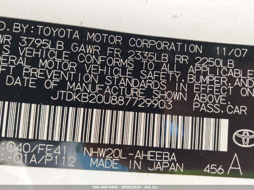 2008 Toyota Prius VIN: JTDKB20U887729903 Lot: 40014405