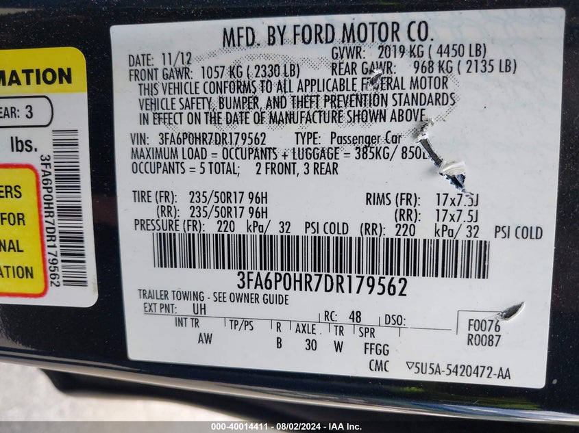 2013 Ford Fusion Se VIN: 3FA6P0HR7DR179562 Lot: 40014411