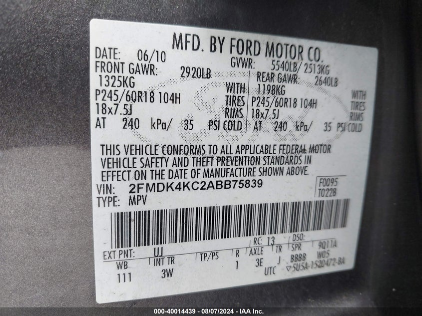 2010 Ford Edge Limited VIN: 2FMDK4KC2ABB75839 Lot: 40014439