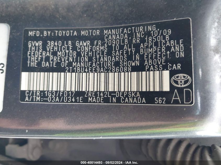 2010 Toyota Corolla S VIN: 2T1BU4EE9AC286088 Lot: 40014493