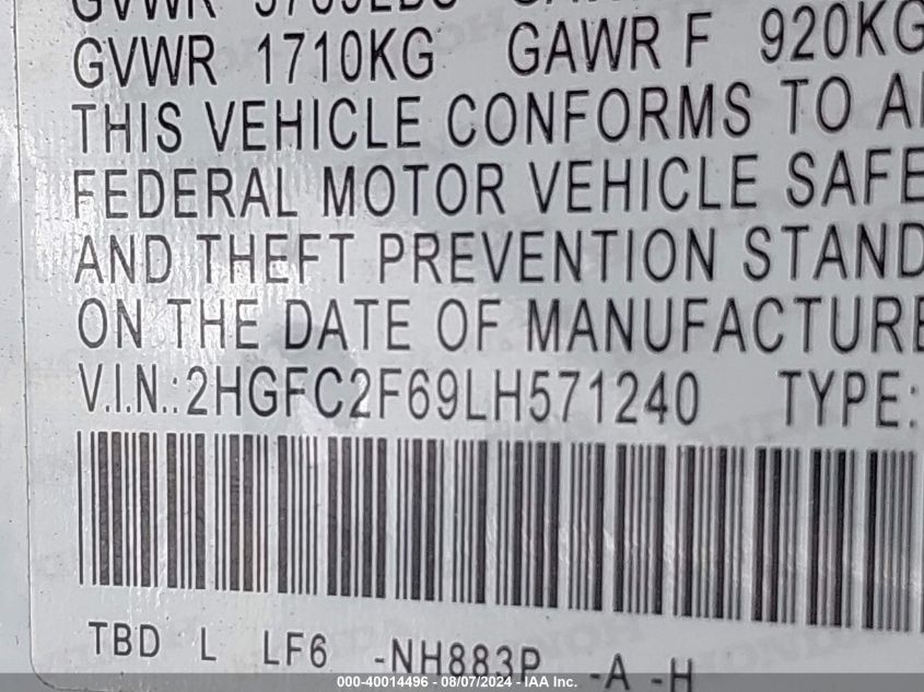 2020 Honda Civic Lx VIN: 2HGFC2F69LH571240 Lot: 40014496