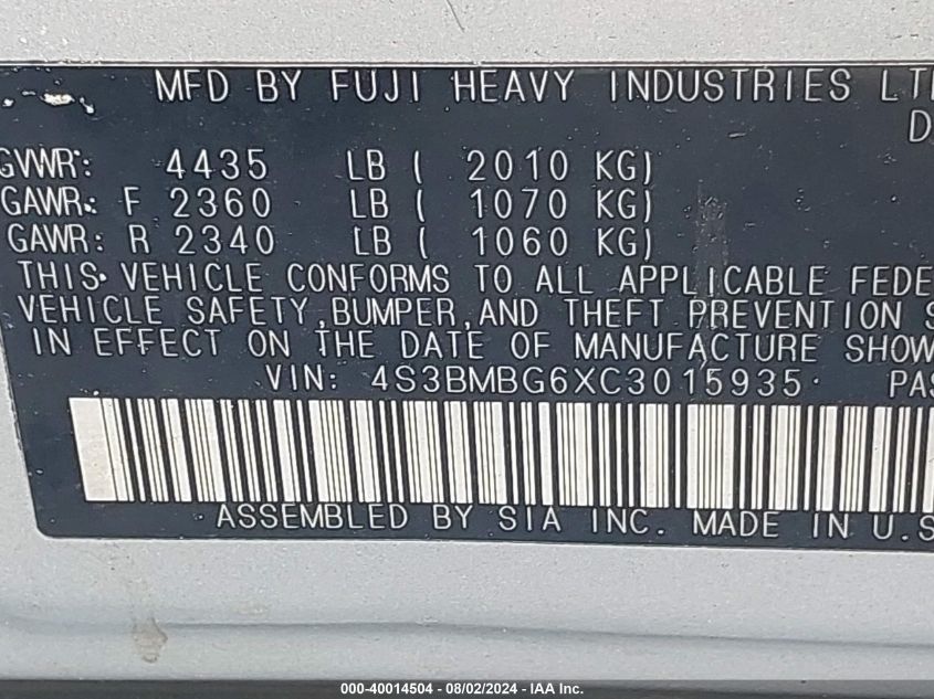 2012 Subaru Legacy 2.5I Premium VIN: 4S3BMBG6XC3015935 Lot: 40014504