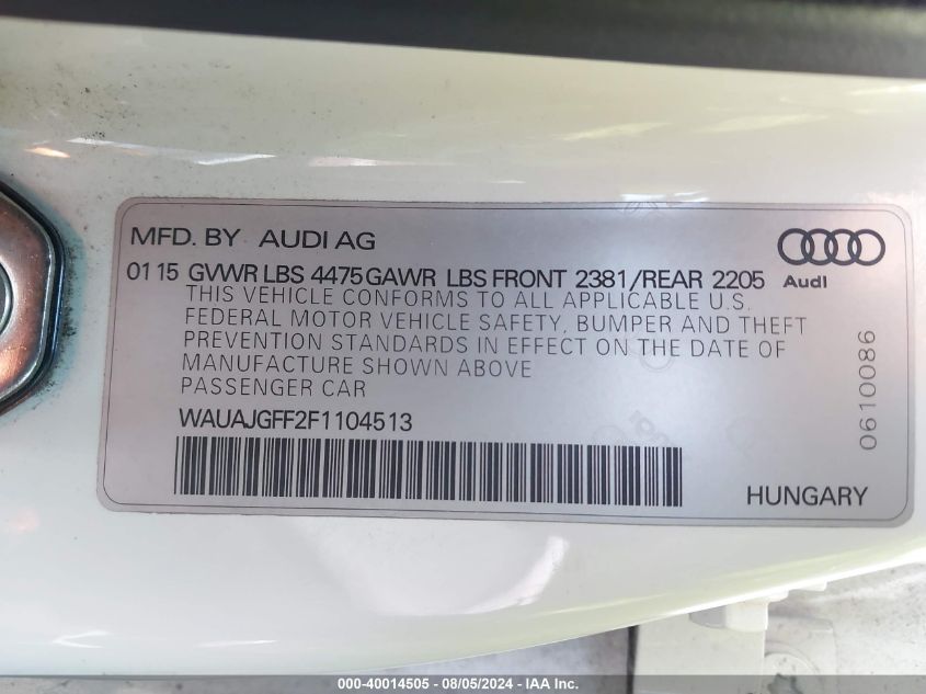 2015 Audi A3 2.0 Tdi Premium VIN: WAUAJGFF2F1104513 Lot: 40014505