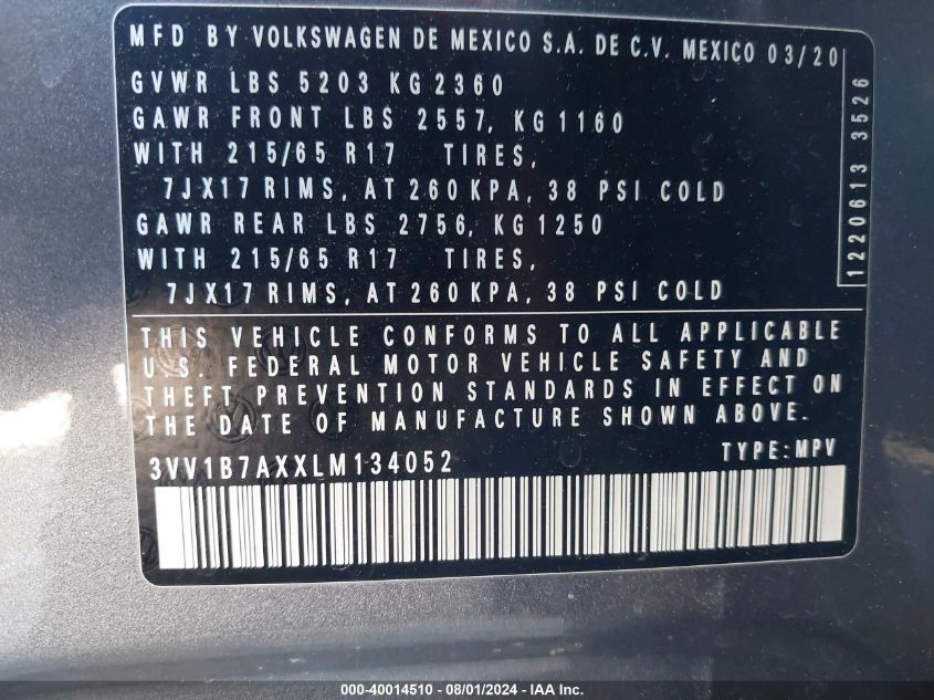 2020 Volkswagen Tiguan S VIN: 3VV1B7AXXLM134052 Lot: 40014510