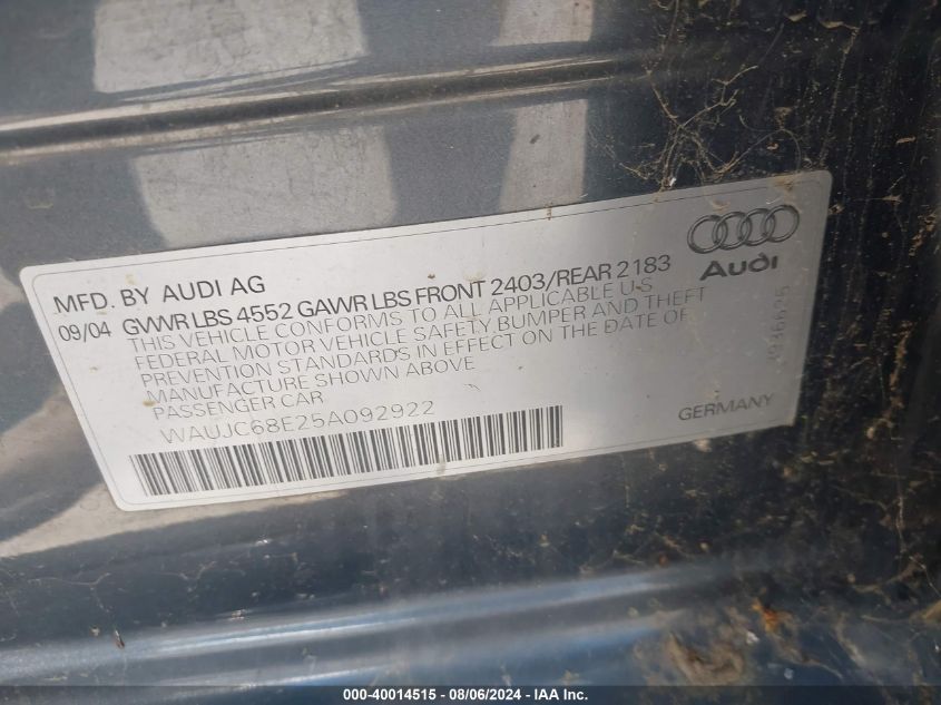 2005 AUDI A4 VIN: JTDACACU1R3014579