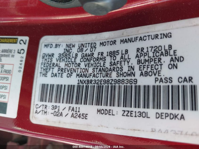 2008 Toyota Corolla Ce VIN: 1NXBR32E98Z988369 Lot: 40014519