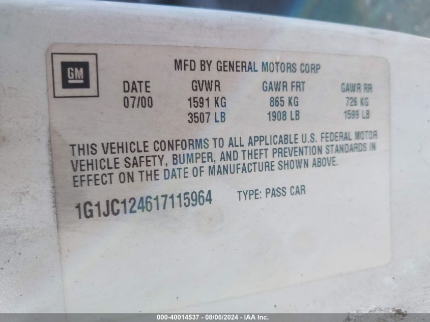 2001 Chevrolet Cavalier VIN: 1G1JC124617115964 Lot: 40014537