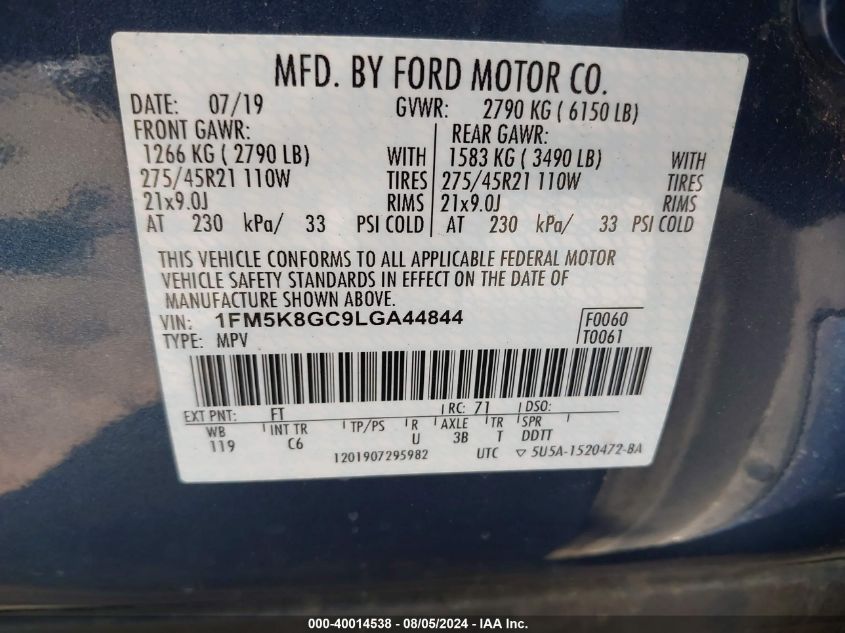 2020 Ford Explorer St VIN: 1FM5K8GC9LGA44844 Lot: 40014538