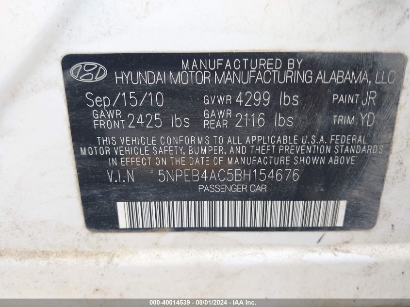 5NPEB4AC5BH154676 | 2011 HYUNDAI SONATA