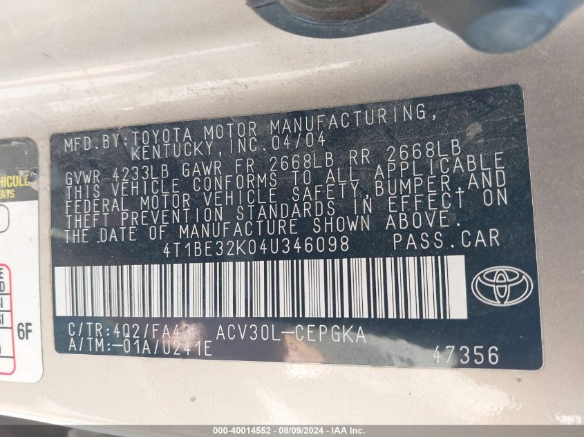 2004 Toyota Camry Xle VIN: 4T1BE32K04U346098 Lot: 40014552