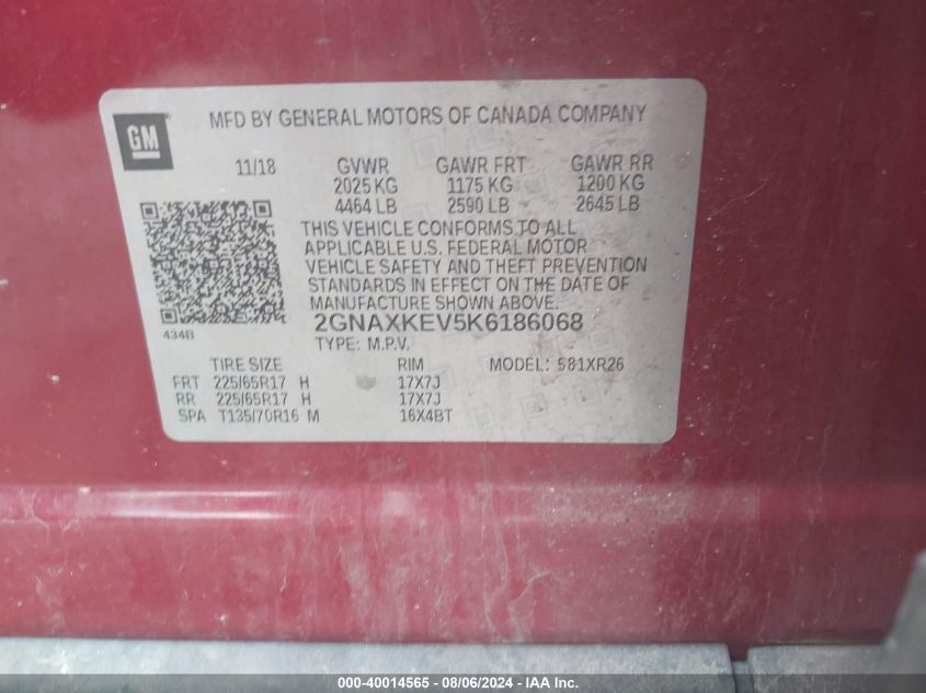 2019 Chevrolet Equinox Lt VIN: 2GNAXKEV5K6186068 Lot: 40014565